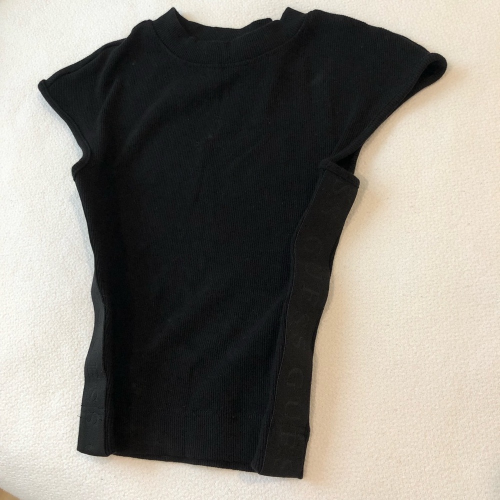 GUESS Cap Sleeve Mock Neck Top Tape Logo Sides